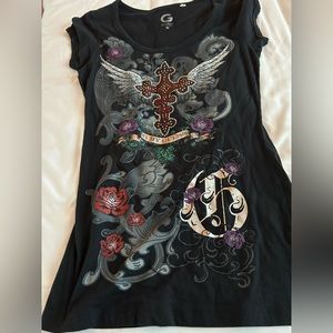 Guess round neck blinged elaborate cross t shirt. Size M.